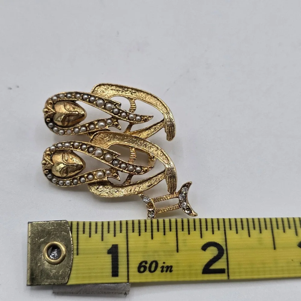 Vintage Gemini Zodiac Brooch Gold Tone Faux Pearl Rhinestone Twin Goddess Pin